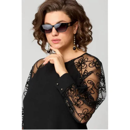 Lace Patchwork Dress with Long Sleeves and Round Neck