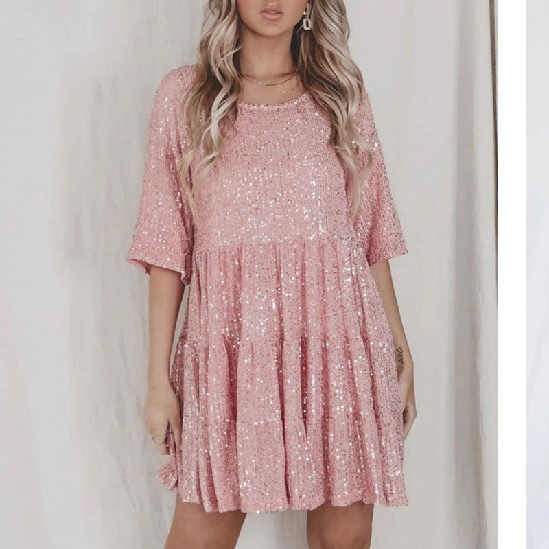 Summer High-end Women's Sequin Round Neck Loose French Dress Fairy Skirt