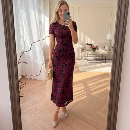 Floral print fitted waist elegant mesh dress