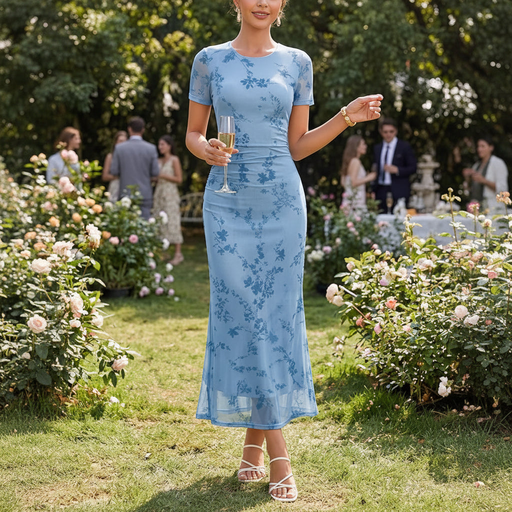 Floral print fitted waist elegant mesh dress