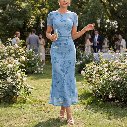 Floral print fitted waist elegant mesh dress