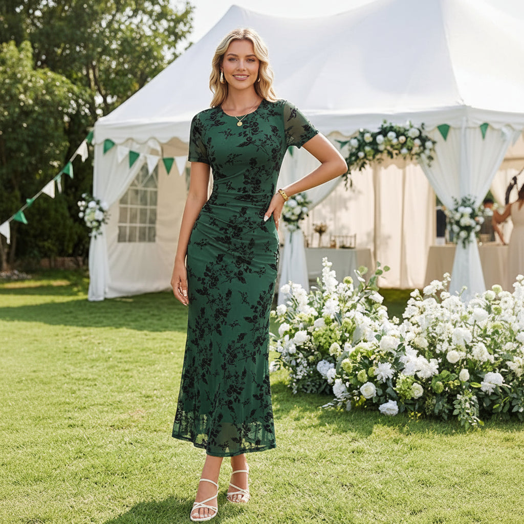 Floral print fitted waist elegant mesh dress