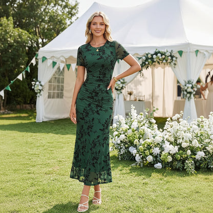Floral print fitted waist elegant mesh dress