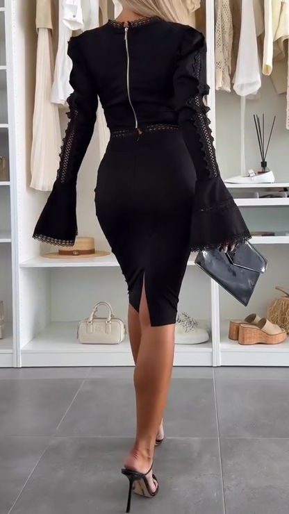 Ladies Round Neck Patchwork Top+ Skirt Elegant Temperament Set