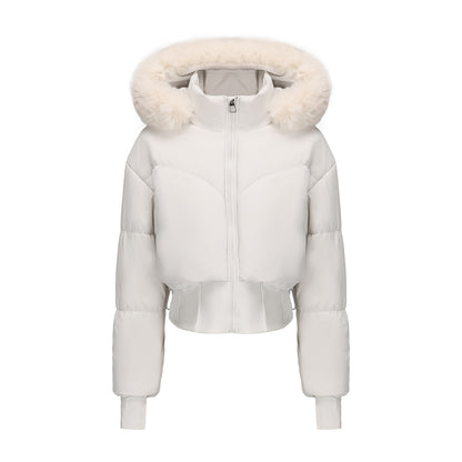 Short coat with large fur collar, hood and waist-hugging design - MATCHING MASTER