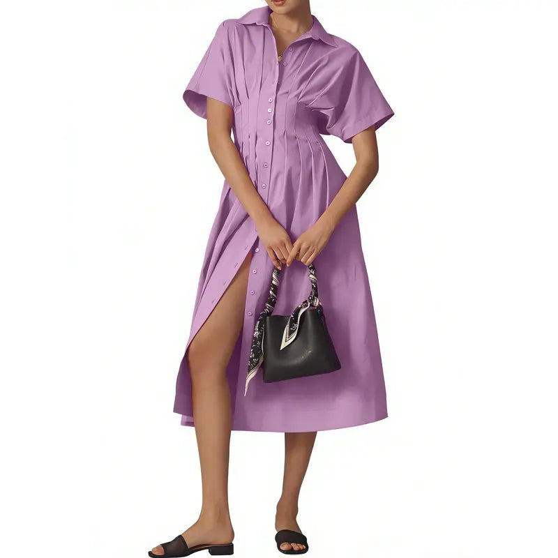 Women's Button-Down Shirt Dress - Short-Sleeve, Loose, Pleated Maxi Sundress with Pockets, Basic Casual Wear for Summer