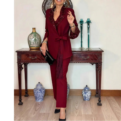 Ladies' Elegant Sequin Lapel Blazer & Pants Set
