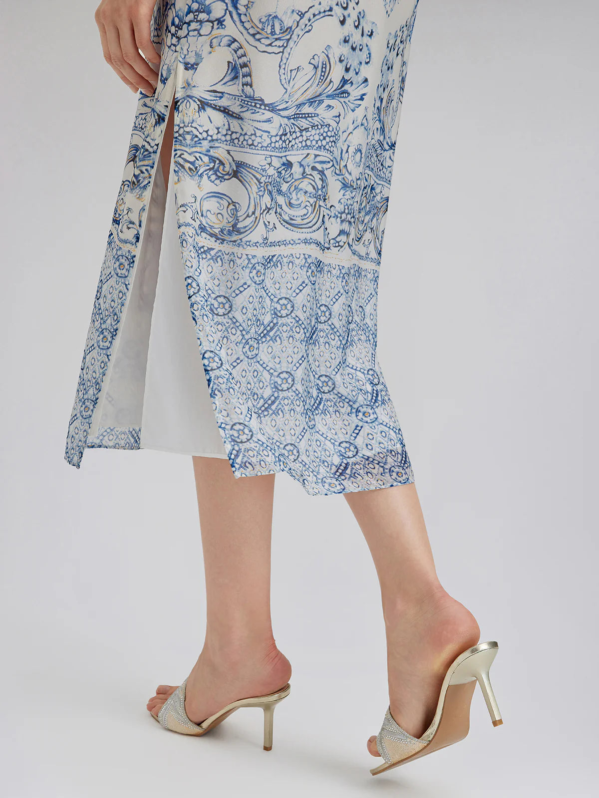 Silk Italian Floral Printed V-Neckline Dress