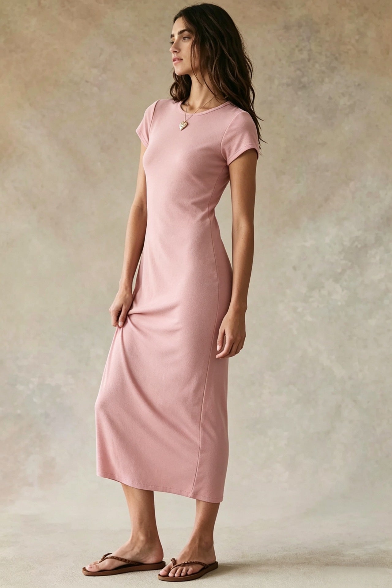Ladies' solid color short-sleeved round neck slim-fit bodycon dress - BundleWear