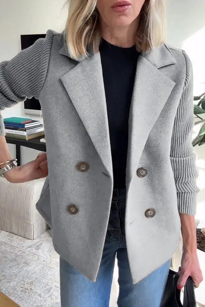 Ladies' Lapel Button Knitted Patchwork Sleeve Casual Coat