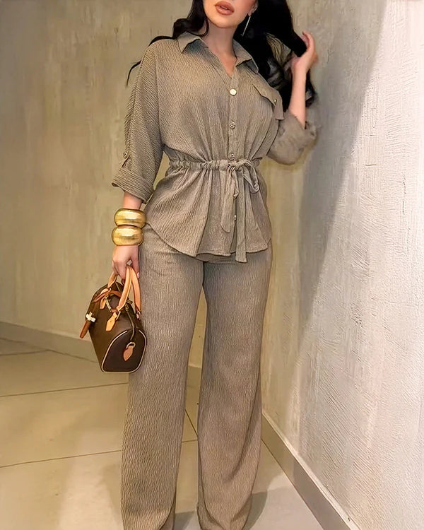 Elegant Textured Button-Front Shirt & High-Waist Wide-Leg Trousers Set - Minimalist Commuter Look - BundleWear