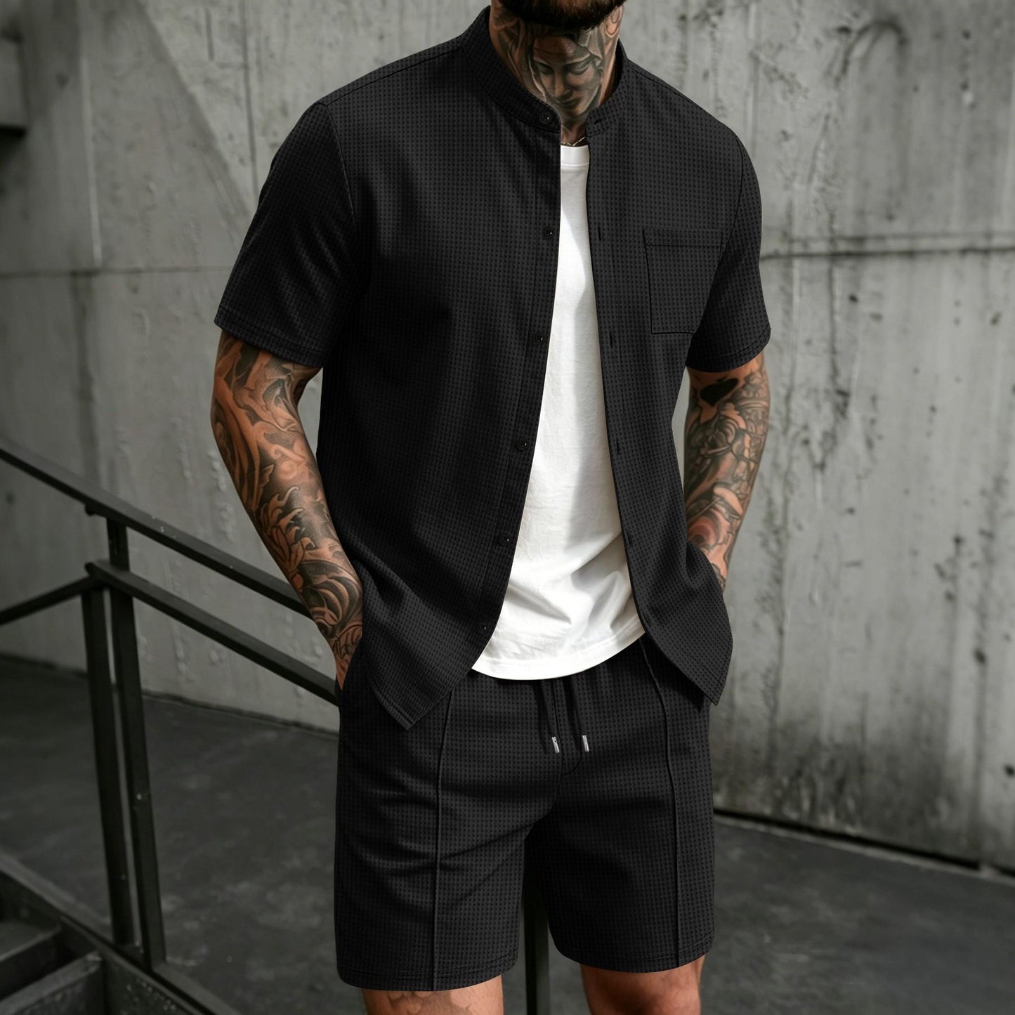 BundleWear™ Honeycomb Resort Set | Stand-Collar Waffle Shirt & Drawstring Shorts
