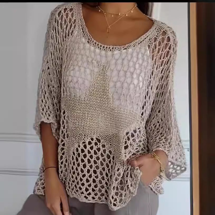 ⌛💥Ladies' Fashion Round Neck Crochet Knit Fishnet Top - MATCHING MASTER