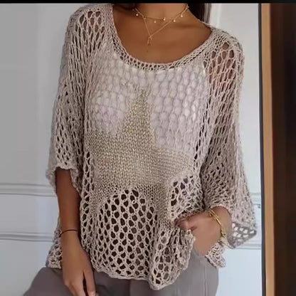 ⌛💥Ladies' Fashion Round Neck Crochet Knit Fishnet Top - MATCHING MASTER