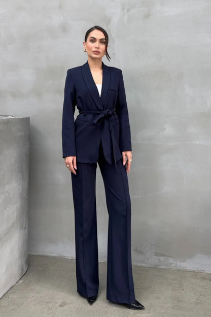 Ladies' Double Belted Blazer Jacket and Trouser Set