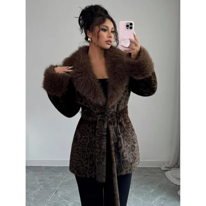 Ladies' winter lace up leopard print faux fur coat