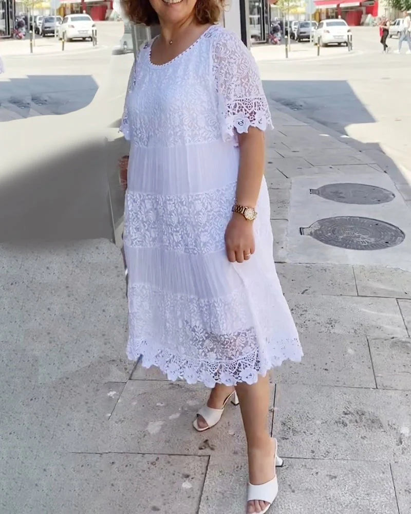 🔥49% OFF🔥 Solid Color Short Sleeve Lace Dress - MATCHING MASTER