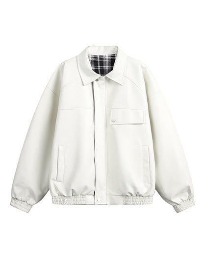 Genuine leather jacket with plaid lining, reversible lapel leather jacket