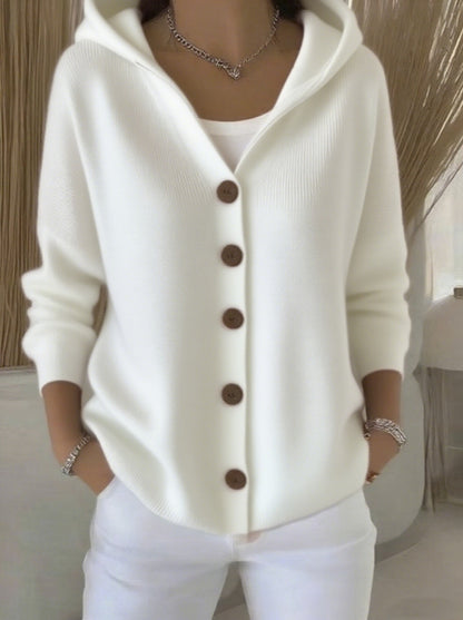 Button-down knit hooded sweater cardigan