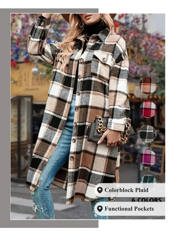 Ladies' Colorblock Plaid Print Button Front Drop Shoulder Coat