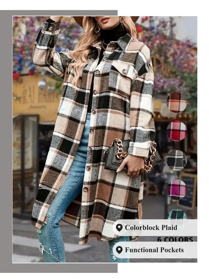 Ladies' Colorblock Plaid Print Button Front Drop Shoulder Coat