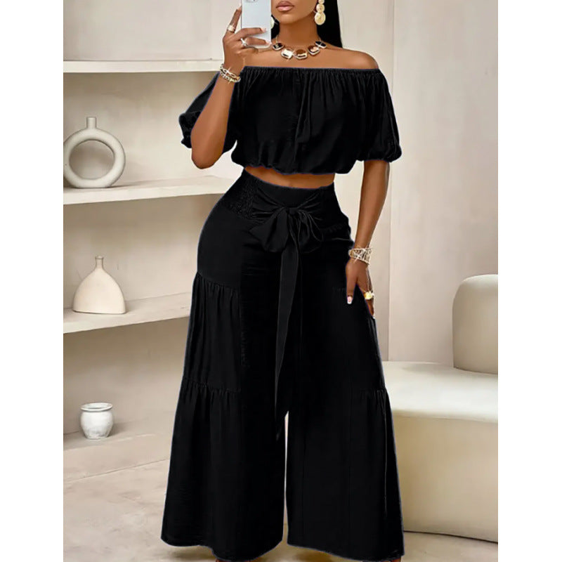 BundleWear™ Bohemian Breeze Set | Off-Shoulder Puff Sleeve Crop & Tiered Wide-Leg Pants