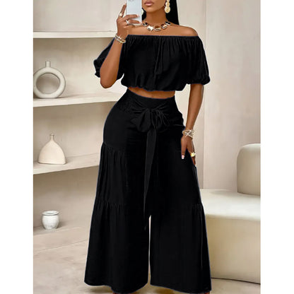 BundleWear™ Bohemian Breeze Set | Off-Shoulder Puff Sleeve Crop & Tiered Wide-Leg Pants
