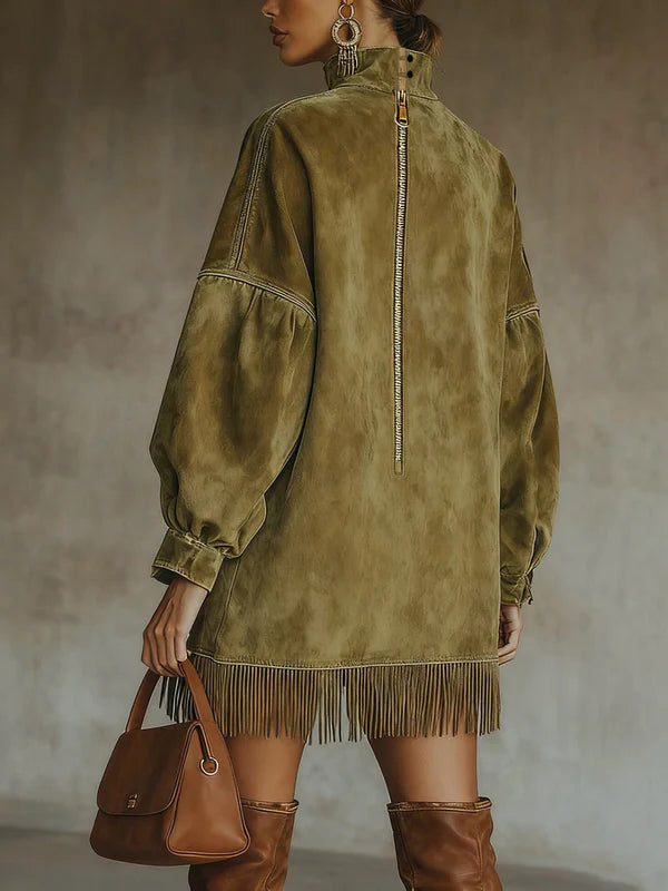 Oversized suede-effect dress with fringe