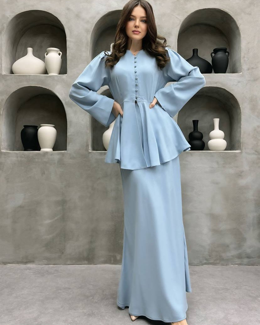 Light blue peplum cardigan and maxi dress two-piece set, full-length front view