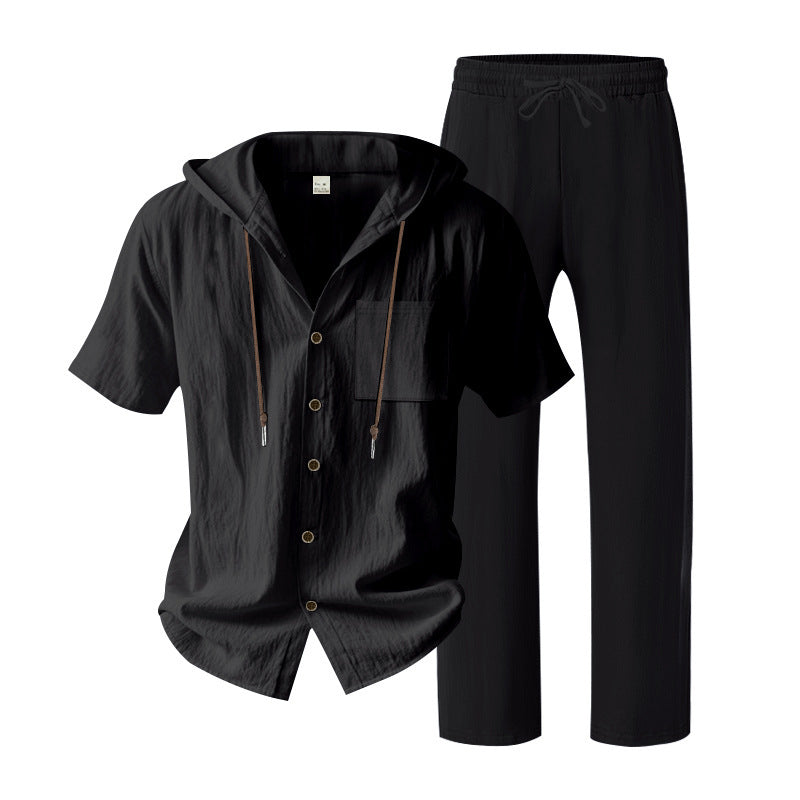 BundleWear™ Breeze-Hood Linen Set | Drawstring Hooded Shirt & Elastic-Waist Trousers