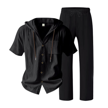 BundleWear™ Breeze-Hood Linen Set | Drawstring Hooded Shirt & Elastic-Waist Trousers