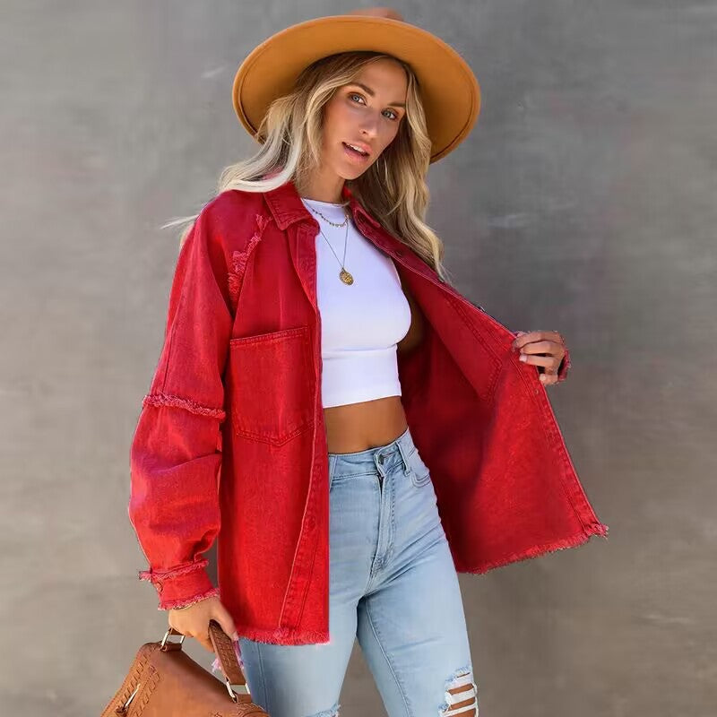 Raw-edge patchwork pocket denim shirt - MATCHING MASTER
