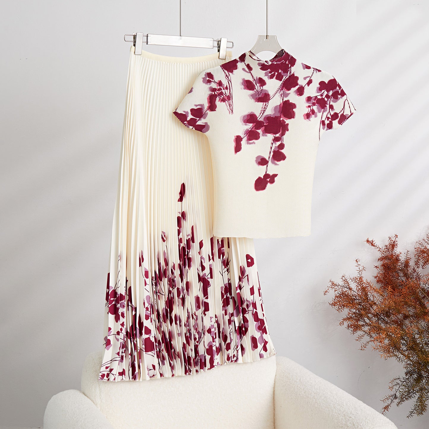 BundleWear™ Inked Rose Set | Mock-Neck Top & Accordion Pleated Maxi Skirt Ensemble