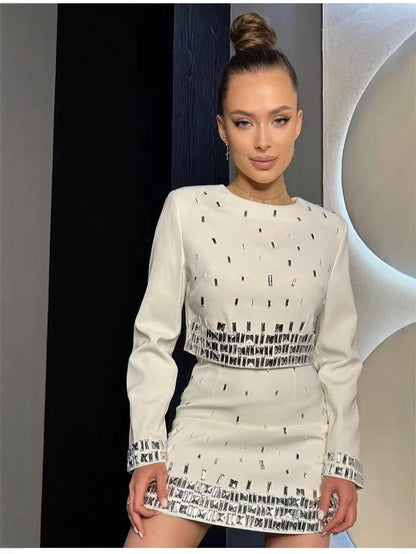 BundleWear™ Silver-Beaded Tweed Set | Hand-Embellished Knit Top & Hip-Contouring Mini Skirt