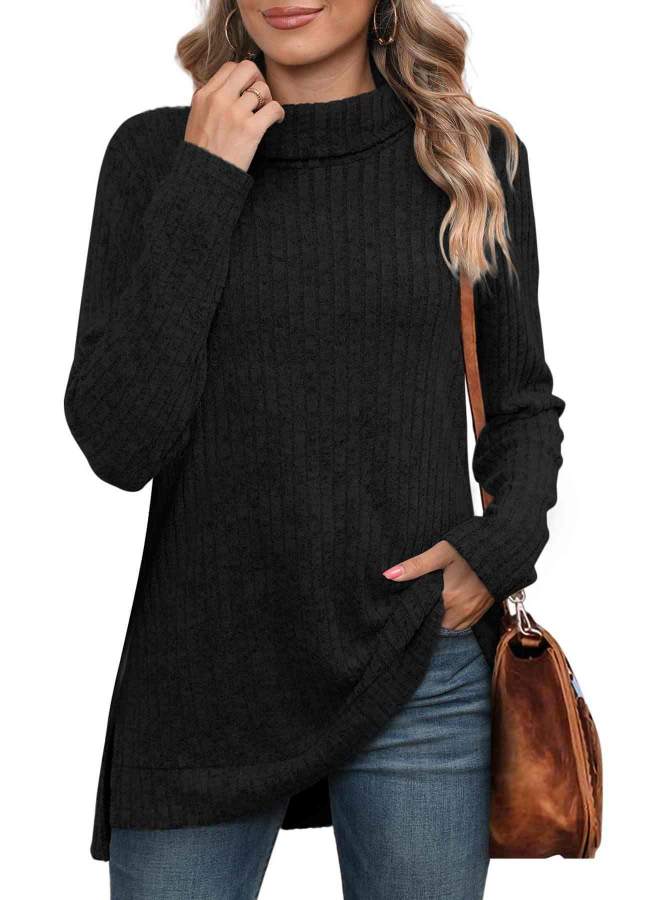 High-neck scarf, side slit, solid color long-sleeved T-shirt