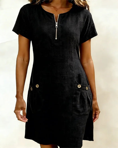 Zipper Pocket Cotton Linen Dress - MATCHING MASTER