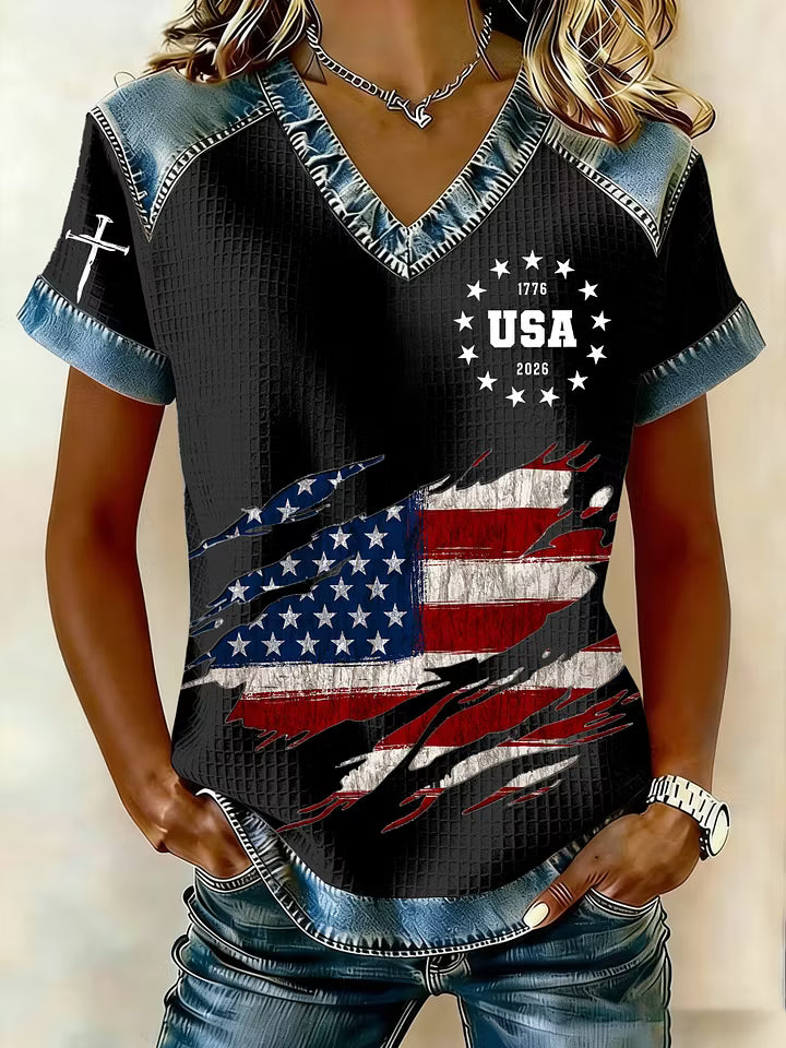 Women's 250th America Anniversary Casual Printed Waffle Knit Short-Sleeved T-Shirt - BundleWear