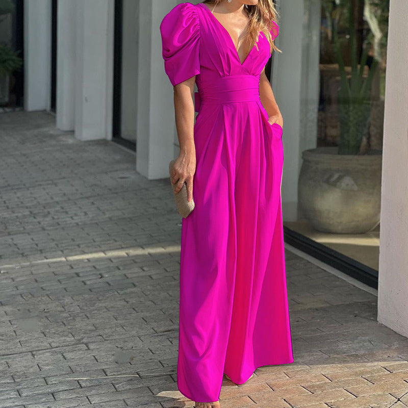 Women's Puff Sleeve Plunge Wide Leg Jumpsuit