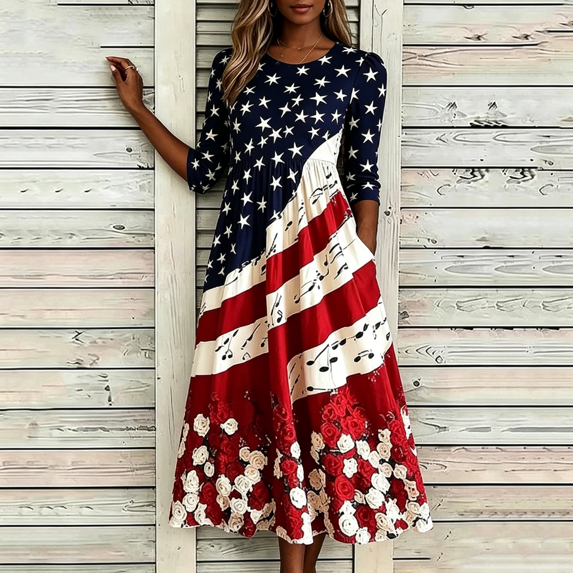 Women's Vintage Floral Flag Art Print Dress - BundleWear