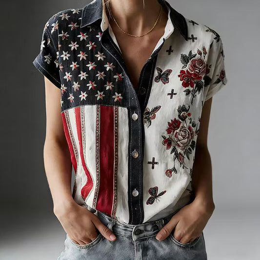 Women's American Founding 250th Anniversary Art Print Short-Sleeved Shirt - BundleWear