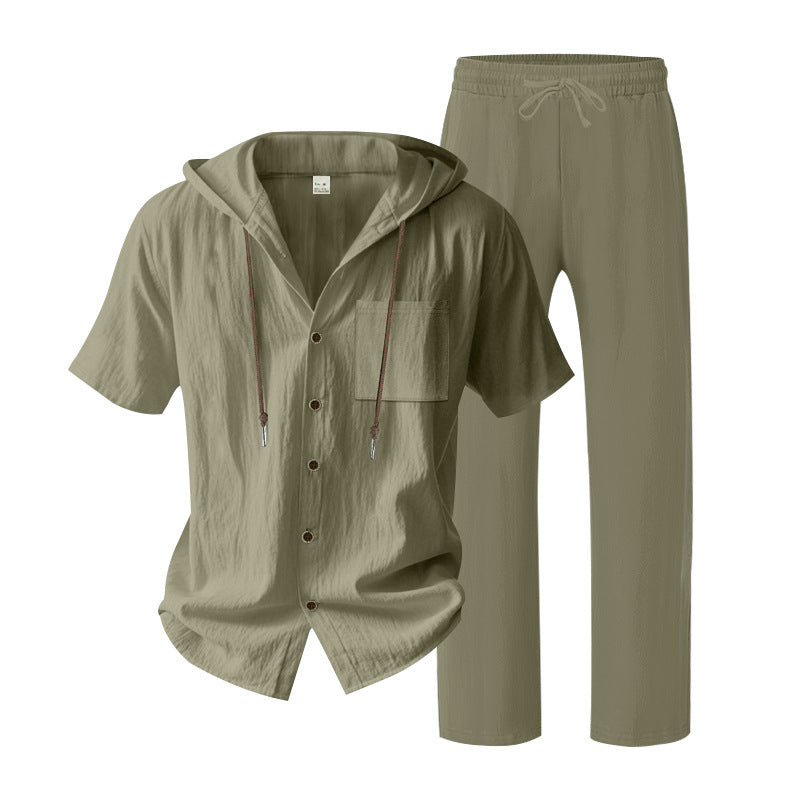 BundleWear™ Breeze-Hood Linen Set | Drawstring Hooded Shirt & Elastic-Waist Trousers