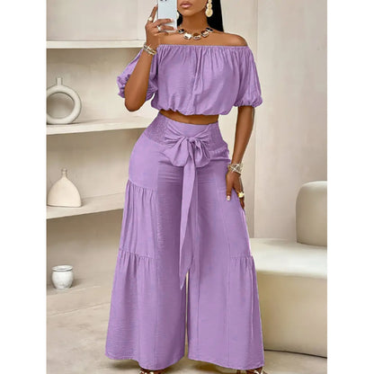 BundleWear™ Bohemian Breeze Set | Off-Shoulder Puff Sleeve Crop & Tiered Wide-Leg Pants