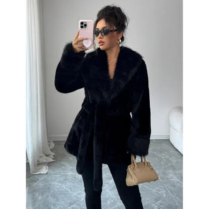 Ladies' winter lace up leopard print faux fur coat
