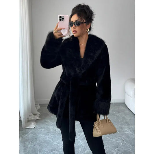 Ladies' winter lace up leopard print faux fur coat