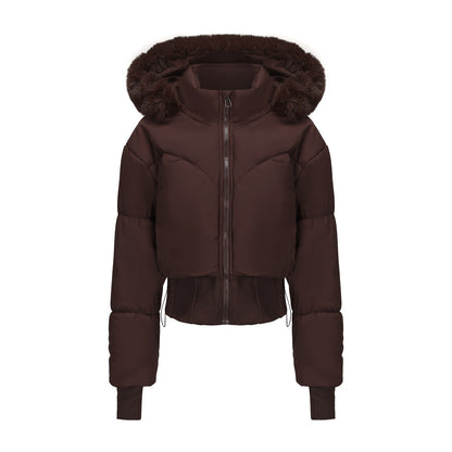 Short coat with large fur collar, hood and waist-hugging design - MATCHING MASTER