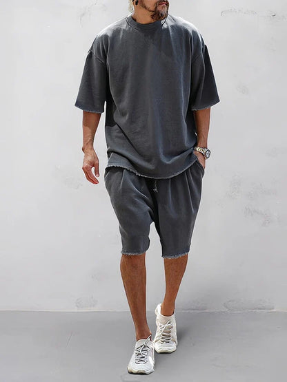 Men's 100% Cotton Casual Loose Fit Sports Set - Breathable Moisture-Wicking 2-Piece Tracksuit