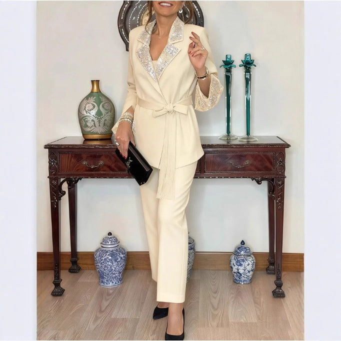 Ladies' Elegant Sequin Lapel Blazer & Pants Set