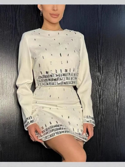 BundleWear™ Silver-Beaded Tweed Set | Hand-Embellished Knit Top & Hip-Contouring Mini Skirt