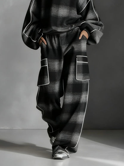 Plaid Color-blocked Sweatshirt and Casual Pants Two-piece set