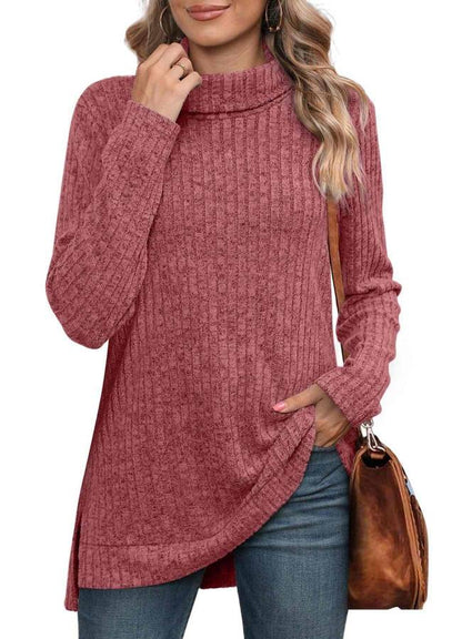 High-neck scarf, side slit, solid color long-sleeved T-shirt